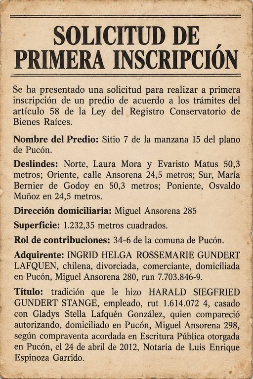 Aviso de solicitud de primera inscripción: Sitio 7 de la manzana 15 del plano de Pucón